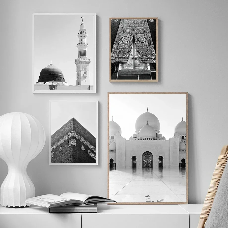 Great-Mosque-Of-Mecca-Kaaba-Scripture-Islamic-Wall-Art-Print-Black-White-Posters-Canvas-Painting-Picture-2